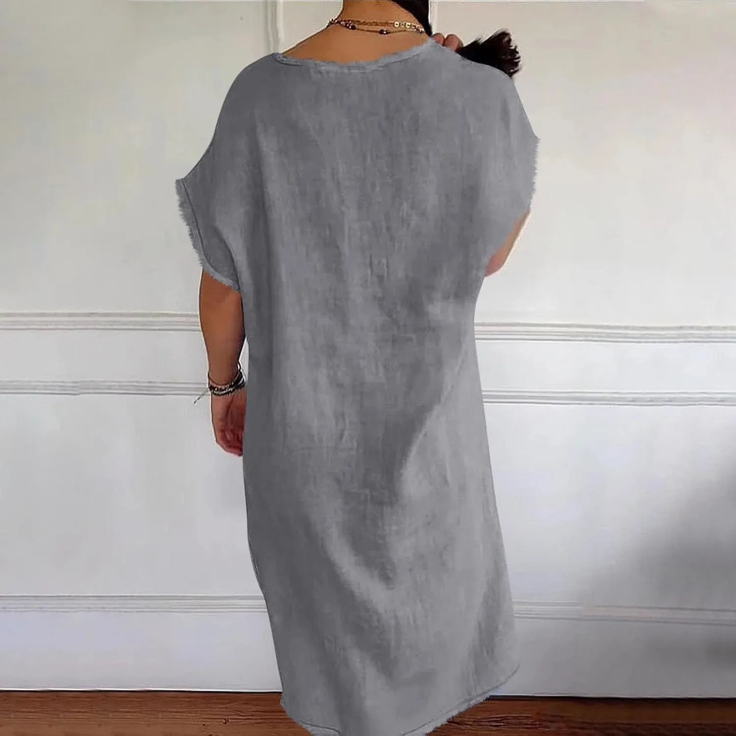 Women's Flowy Summer Dress 2025 Trendy Short Sleeve V Neck Swing Dresses Fashion Smooth Side Split Dresses