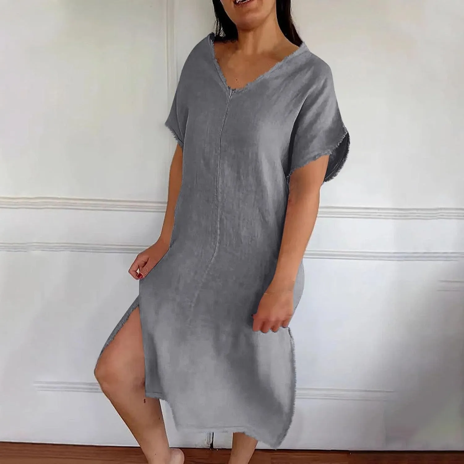 Women's Flowy Summer Dress 2025 Trendy Short Sleeve V Neck Swing Dresses Fashion Smooth Side Split Dresses