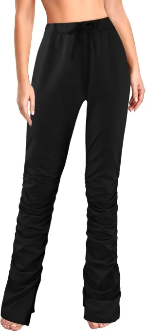 Womens High Waist Pants Elastic Waist Side Split Casual Pants Comfort Straight Leg Long Pants Lightweight for Women