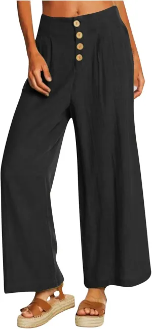 Women's High Waisted Linen Pants Casual Wide Leg Button Fly Palazzo Long Trousers Summer Beach Comfy Flowy Pants with Pockets