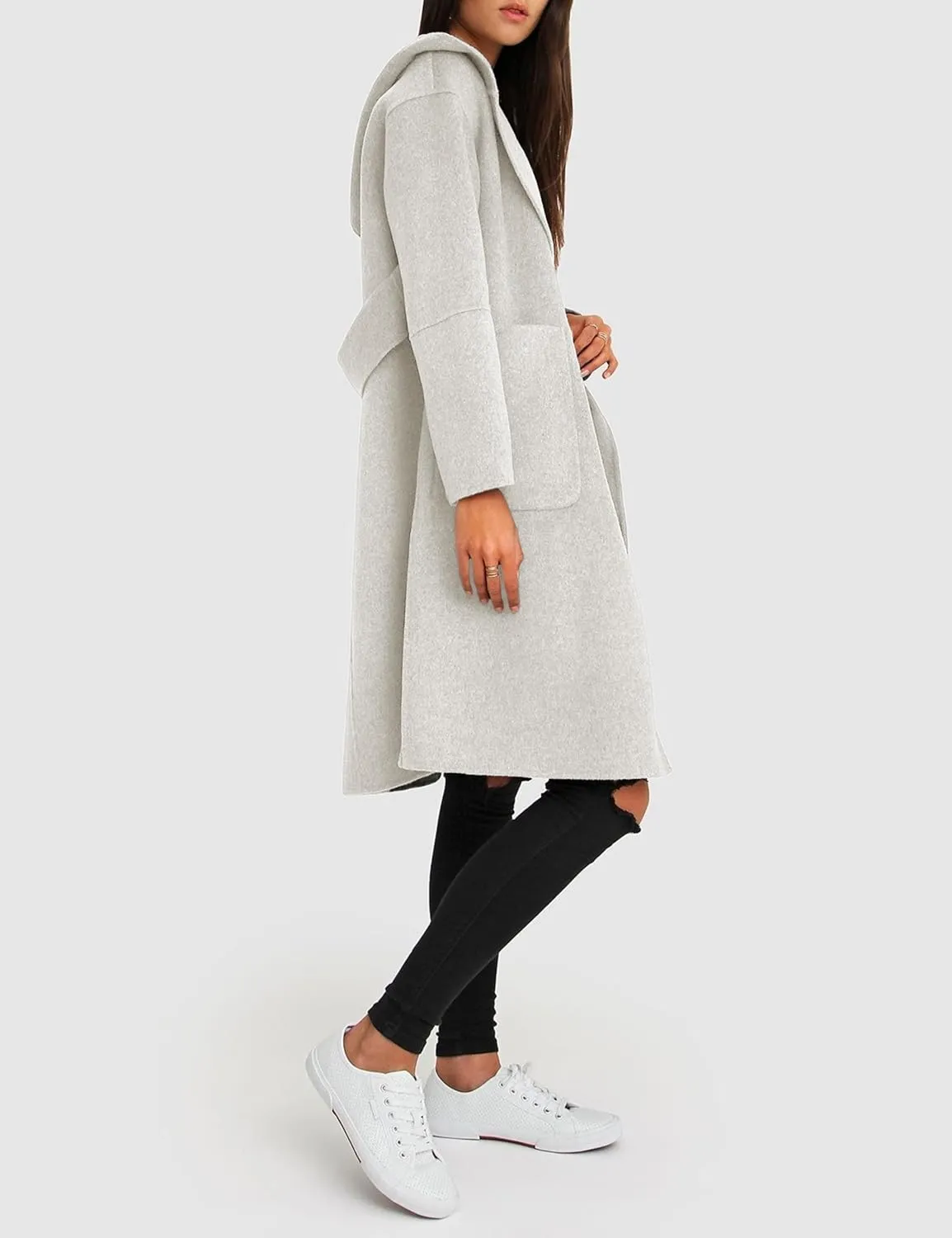 Womens Hooded Overcoat Winter Lapel Collar Trench Coat Snap Button Peacoat Outwear Greatcoats with Pockets