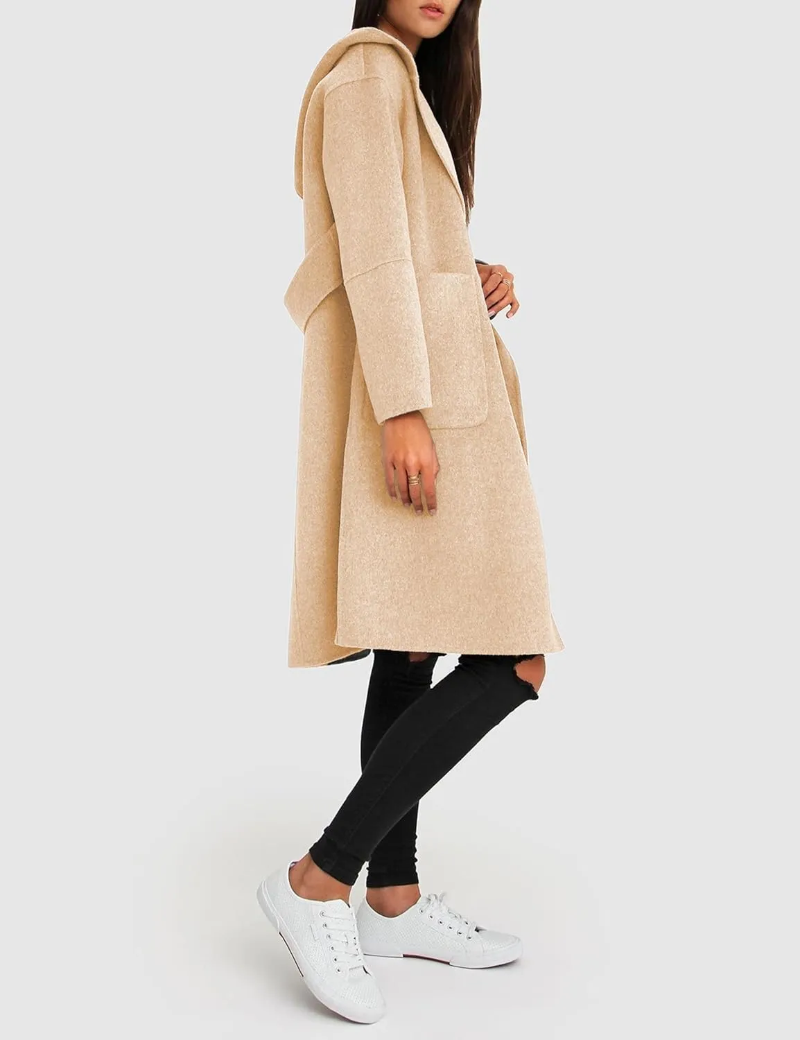 Womens Hooded Overcoat Winter Lapel Collar Trench Coat Snap Button Peacoat Outwear Greatcoats with Pockets