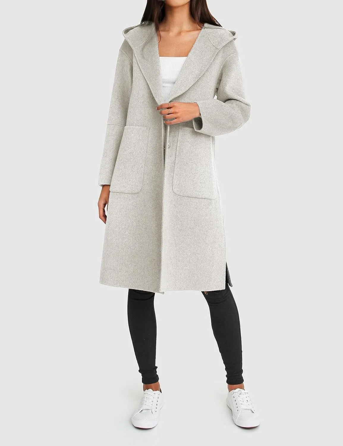 Womens Hooded Overcoat Winter Lapel Collar Trench Coat Snap Button Peacoat Outwear Greatcoats with Pockets