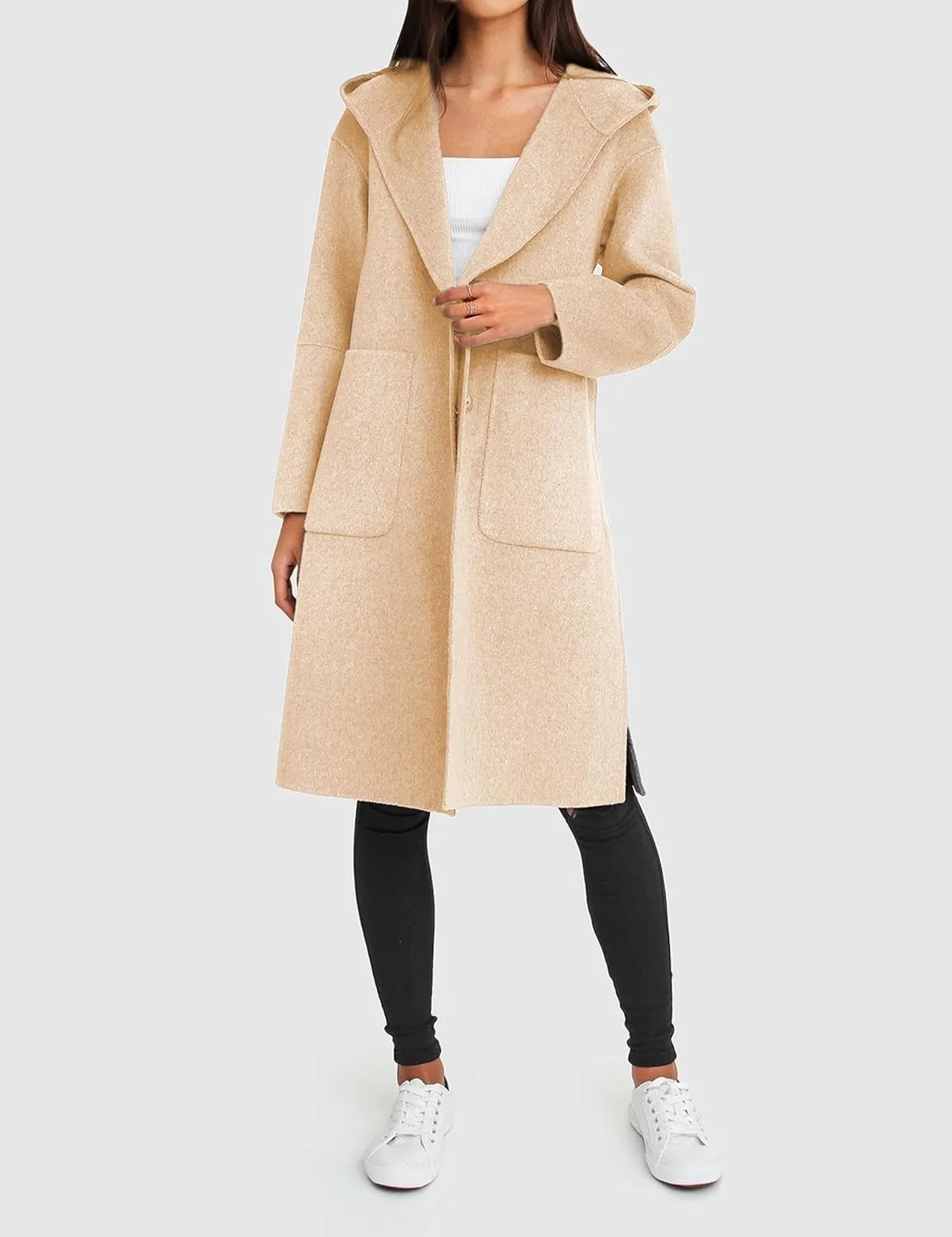 Womens Hooded Overcoat Winter Lapel Collar Trench Coat Snap Button Peacoat Outwear Greatcoats with Pockets