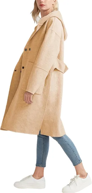 Womens Hooded Overcoat Winter Lapel Collar Trench Coat Snap Button Peacoat Outwear Greatcoats with Pockets