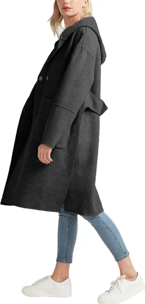 Womens Hooded Overcoat Winter Lapel Collar Trench Coat Snap Button Peacoat Outwear Greatcoats with Pockets