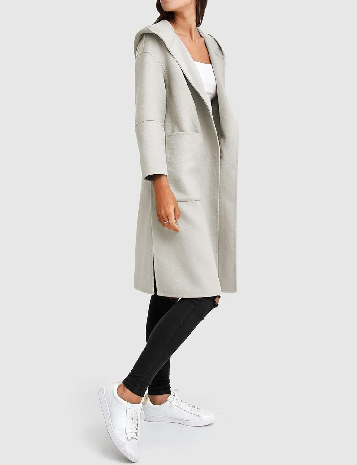 Womens Hooded Overcoat Winter Lapel Collar Trench Coat Snap Button Peacoat Outwear Greatcoats with Pockets
