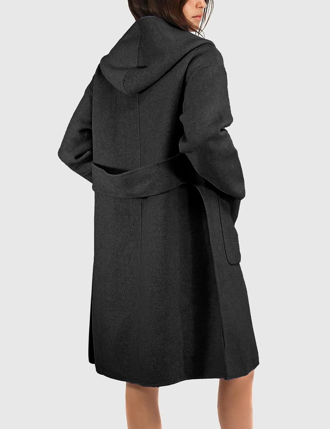 Womens Hooded Overcoat Winter Lapel Collar Trench Coat Snap Button Peacoat Outwear Greatcoats with Pockets