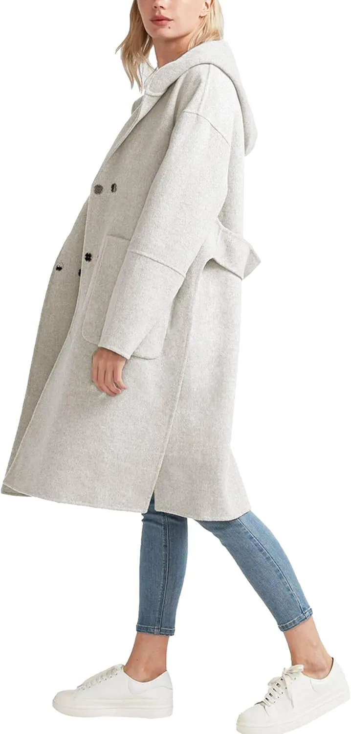 Womens Hooded Overcoat Winter Lapel Collar Trench Coat Snap Button Peacoat Outwear Greatcoats with Pockets