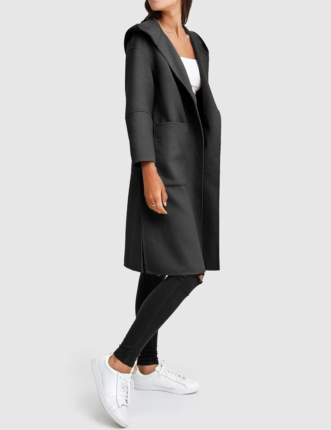 Womens Hooded Overcoat Winter Lapel Collar Trench Coat Snap Button Peacoat Outwear Greatcoats with Pockets