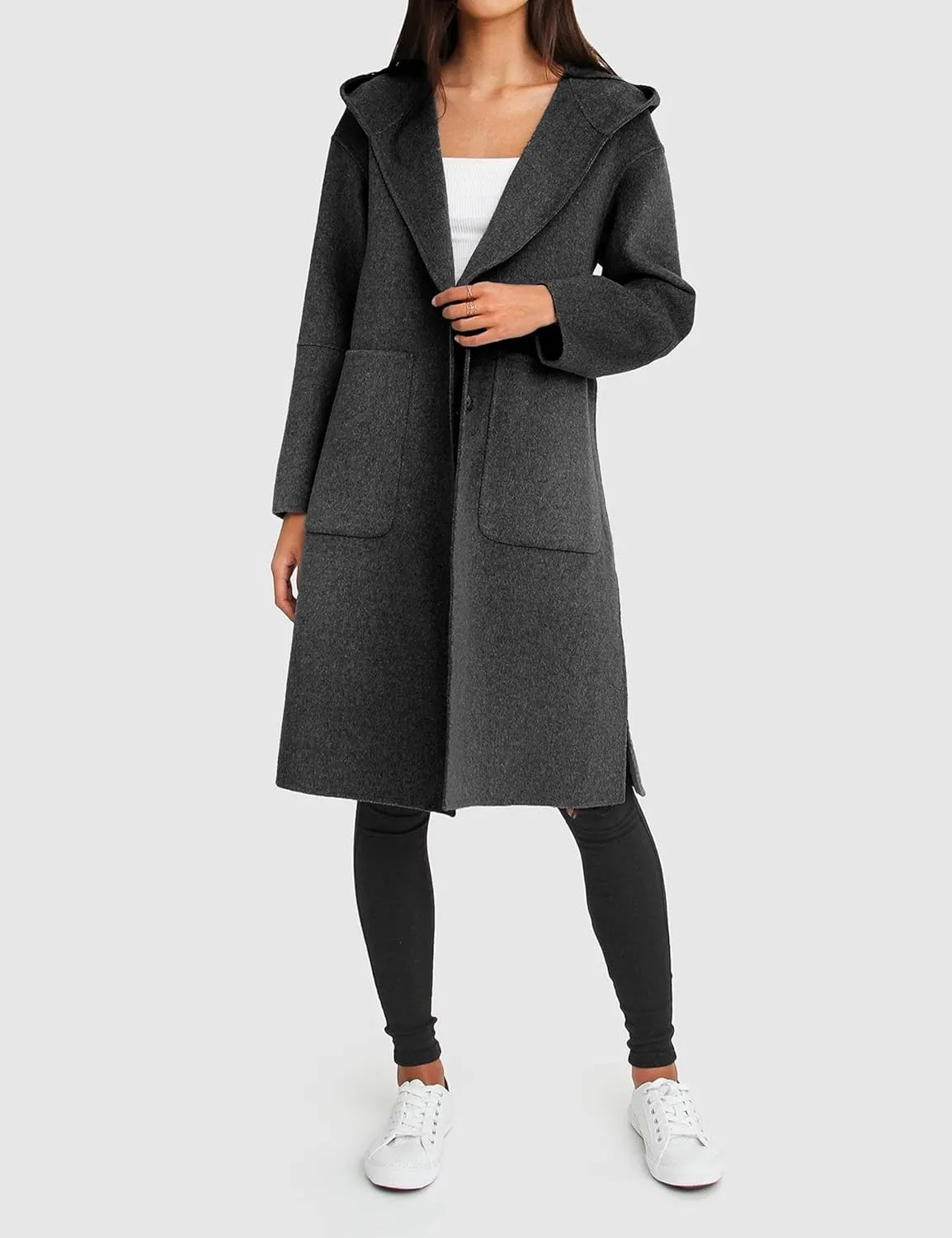Womens Hooded Overcoat Winter Lapel Collar Trench Coat Snap Button Peacoat Outwear Greatcoats with Pockets