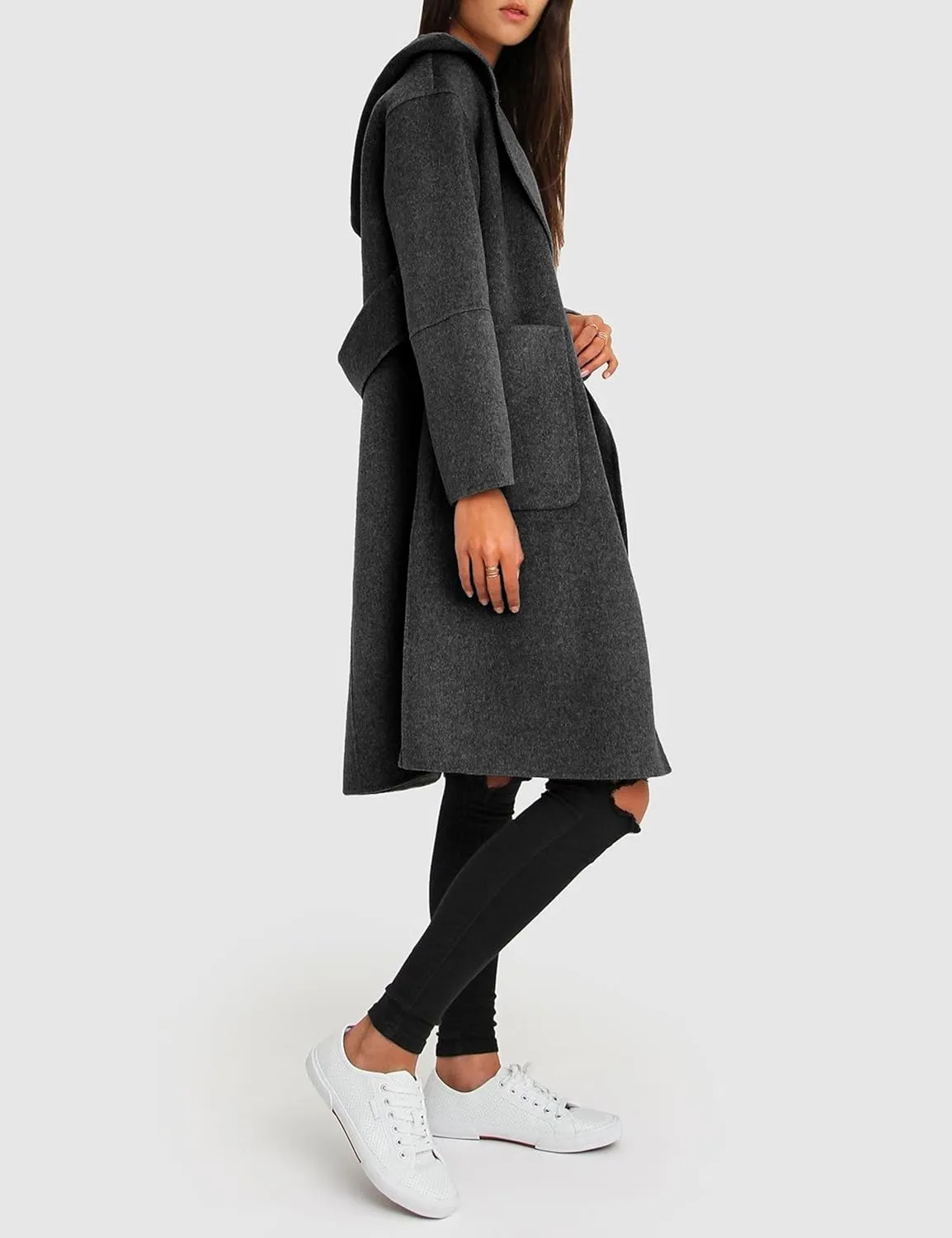 Womens Hooded Overcoat Winter Lapel Collar Trench Coat Snap Button Peacoat Outwear Greatcoats with Pockets