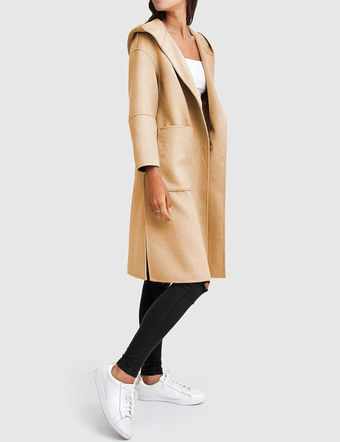 Womens Hooded Overcoat Winter Lapel Collar Trench Coat Snap Button Peacoat Outwear Greatcoats with Pockets