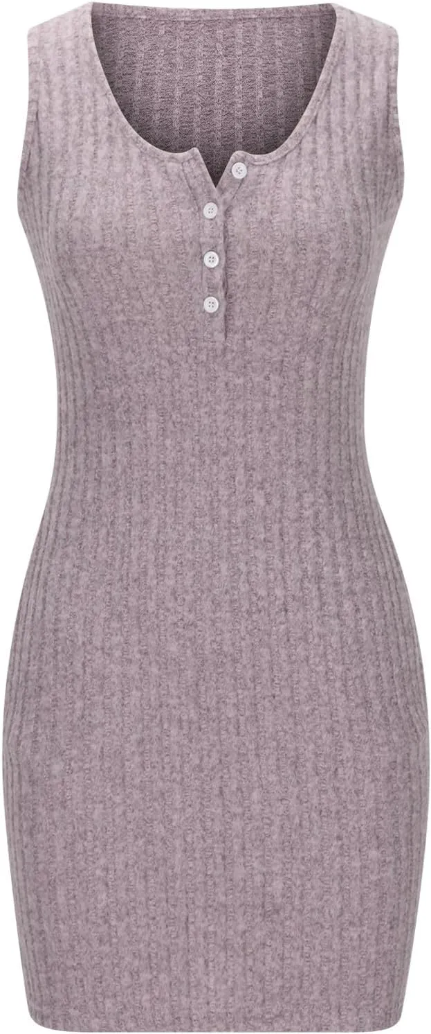 Womens Knit Sundress Sleeveless Button Up V-Neck Mini Dress Summer Casual Tank Dresses Solid Bodycon Pockets Clothes