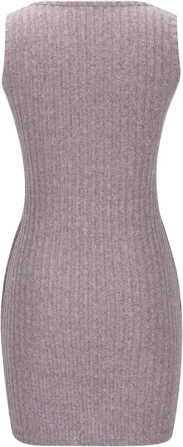 Womens Knit Sundress Sleeveless Button Up V-Neck Mini Dress Summer Casual Tank Dresses Solid Bodycon Pockets Clothes