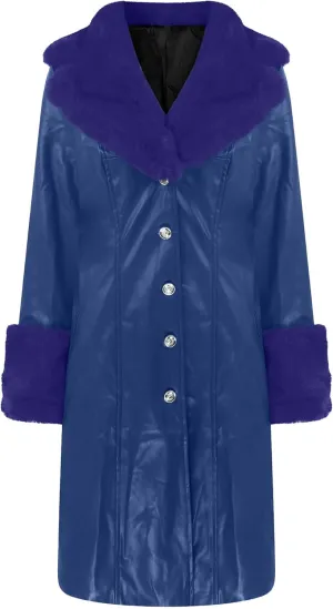 Womens Leather Jacket with Faux Fur Collar Leather Long Jacket Winter Fashion Trench Coat Fleece Lined Coats with Pocket