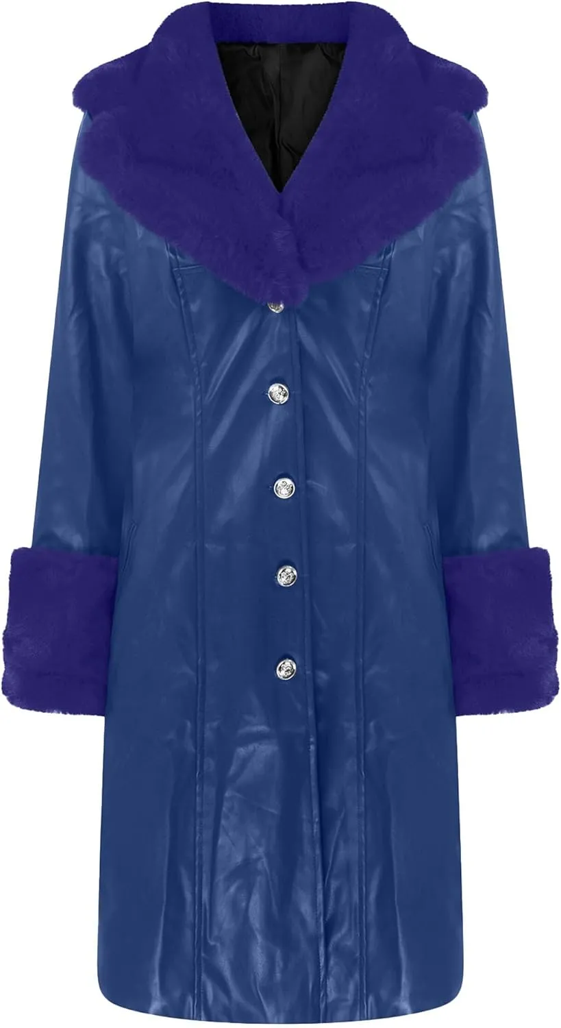 Womens Leather Jacket with Faux Fur Collar Leather Long Jacket Winter Fashion Trench Coat Fleece Lined Coats with Pocket