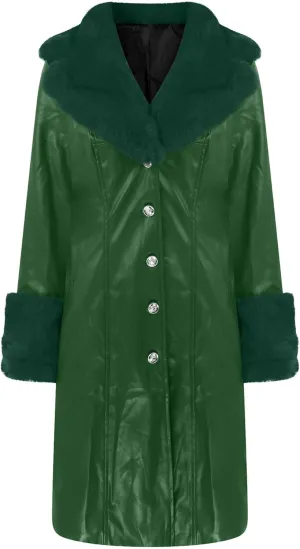 Womens Leather Jacket with Faux Fur Collar Leather Long Jacket Winter Fashion Trench Coat Fleece Lined Coats with Pocket