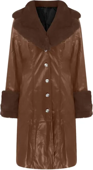 Womens Leather Jacket with Faux Fur Collar Leather Long Jacket Winter Fashion Trench Coat Fleece Lined Coats with Pocket