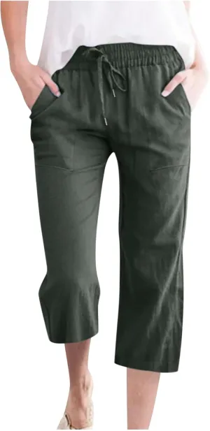 Womens Linen Capri Pants Drawstring Palazzo Trousers Wide Leg Athletic Casual Pants 2025 Trendy Summer Loose Fit Pant