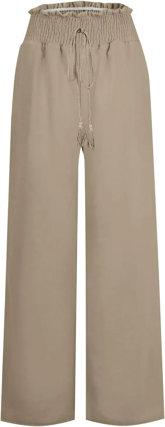 Women's Linen Loose Wide Leg Pants Elastic High Waist Straight Pants Solid Color Lightweight Trousers with Pockets