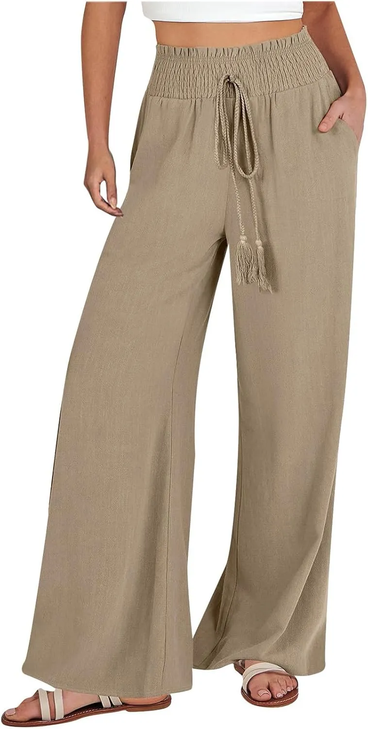 Women's Linen Loose Wide Leg Pants Elastic High Waist Straight Pants Solid Color Lightweight Trousers with Pockets