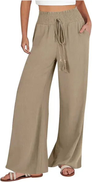 Women's Linen Loose Wide Leg Pants Elastic High Waist Straight Pants Solid Color Lightweight Trousers with Pockets