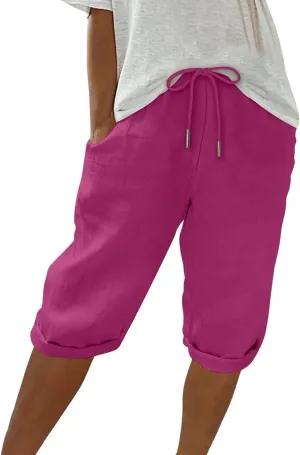 Women's Linen Pants, Cotton Linen Dress Women, Pantalon Lino Mujer, Capri High Waisted Trousers Casual Loose Summer Lounge Trousers Hot Pink Large