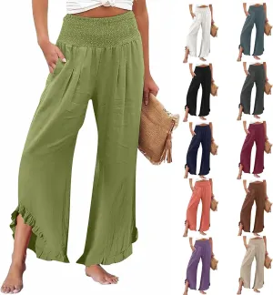 Women's Linen Pants Summer Wide Leg Smocked Waist Ruffle Hem Palazzo Pants Boho Flowy Beach Pants with Pockets