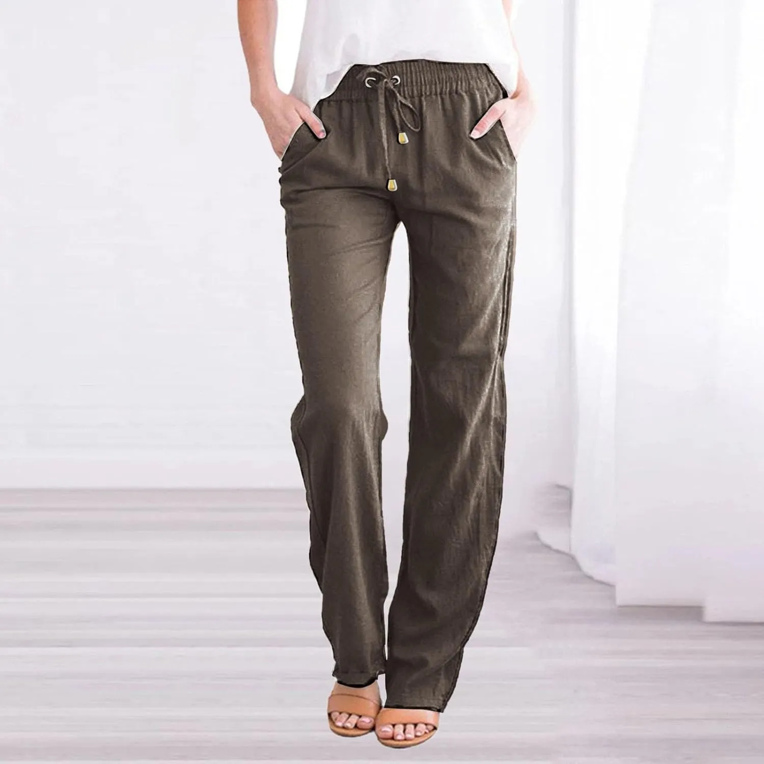 Womens Linen Pants Wide Leg Crop Pants Casual Elastic Waisted Women's Summer Linen Pants Trousers with Pocket