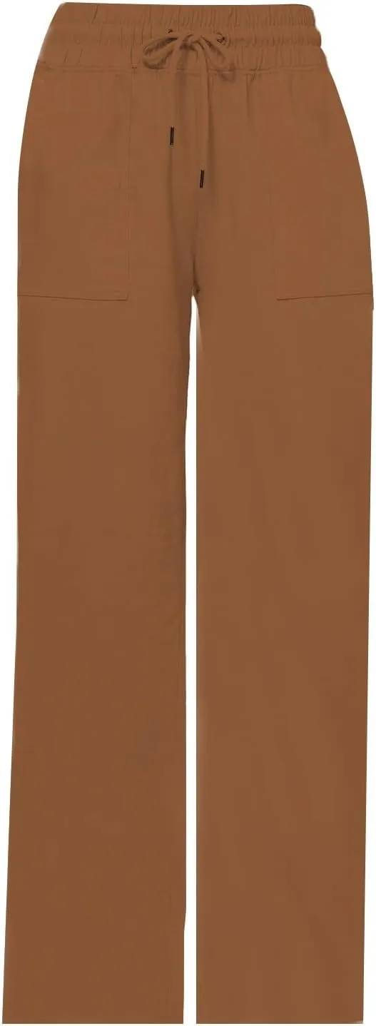 Womens Linen Pants Wide Leg Elastic High Waist Pants Summer Casual Work Long Trousers with Pockets Lounge Wear