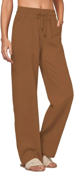 Womens Linen Pants Wide Leg Elastic High Waist Pants Summer Casual Work Long Trousers with Pockets Lounge Wear
