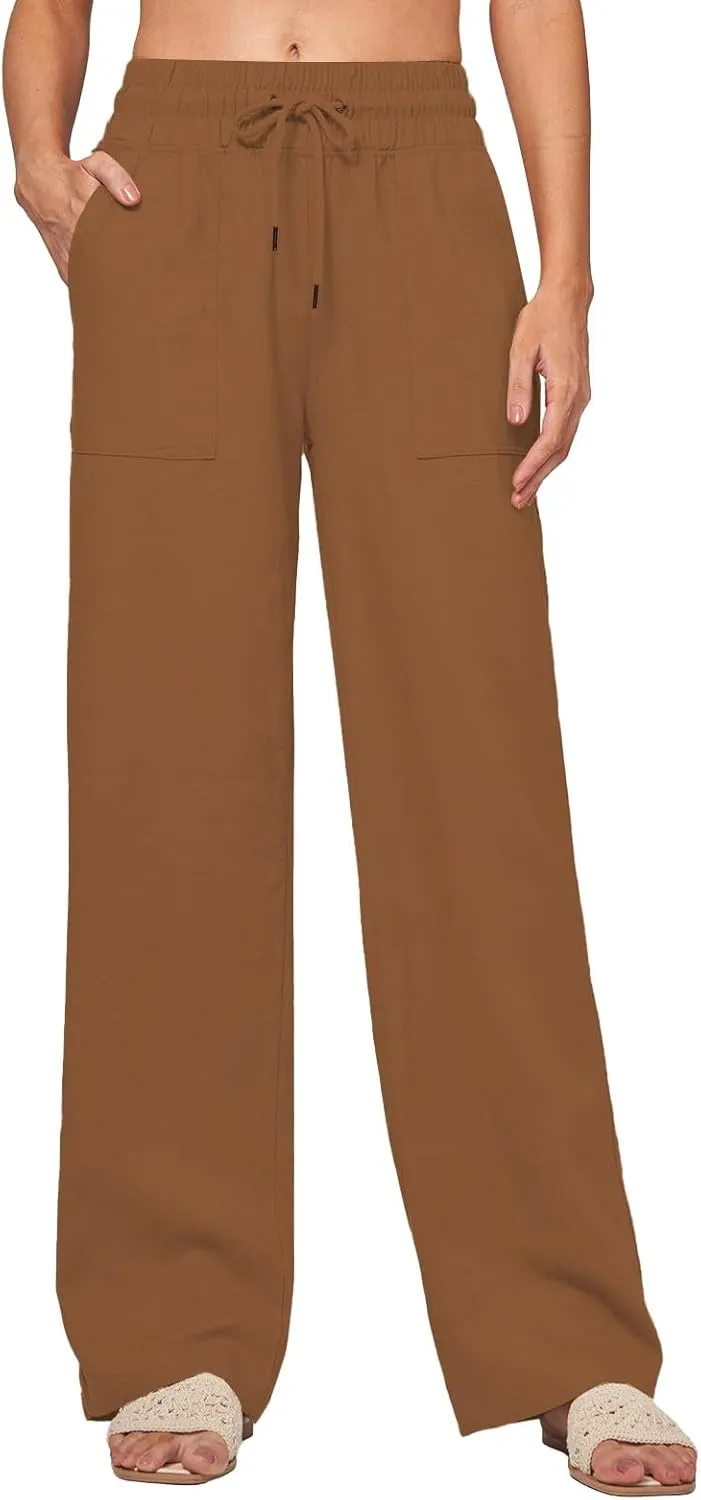 Womens Linen Pants Wide Leg Elastic High Waist Pants Summer Casual Work Long Trousers with Pockets Lounge Wear