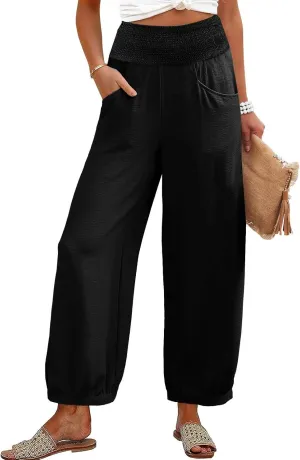 Womens Linen Pants Wide Leg High Waisted Summer Pants Dressy Casual Baggy Palazzo Beach Vacation Trousers with Pockets
