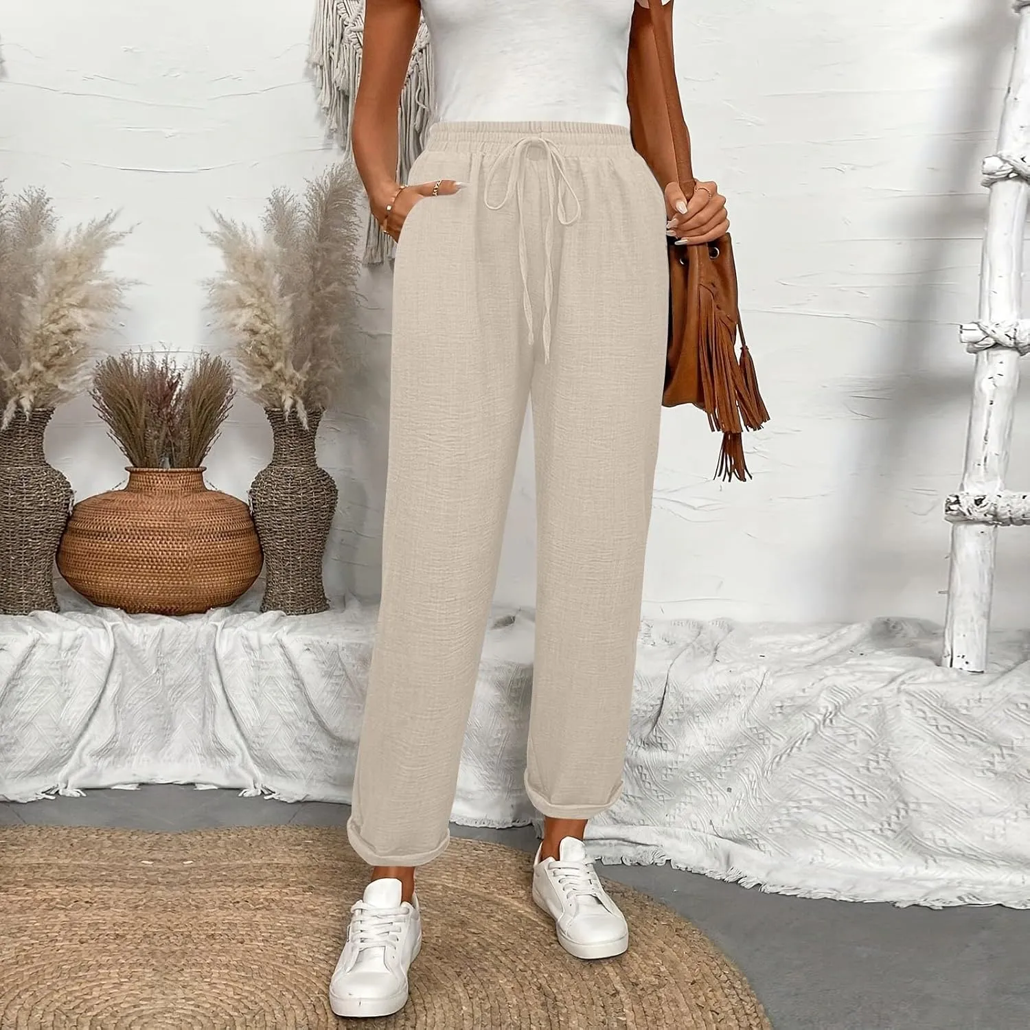 Womens Linen Pants with Pockets Petite Length Drawstring Elastic Waisted Casual Summer Pants 2025
