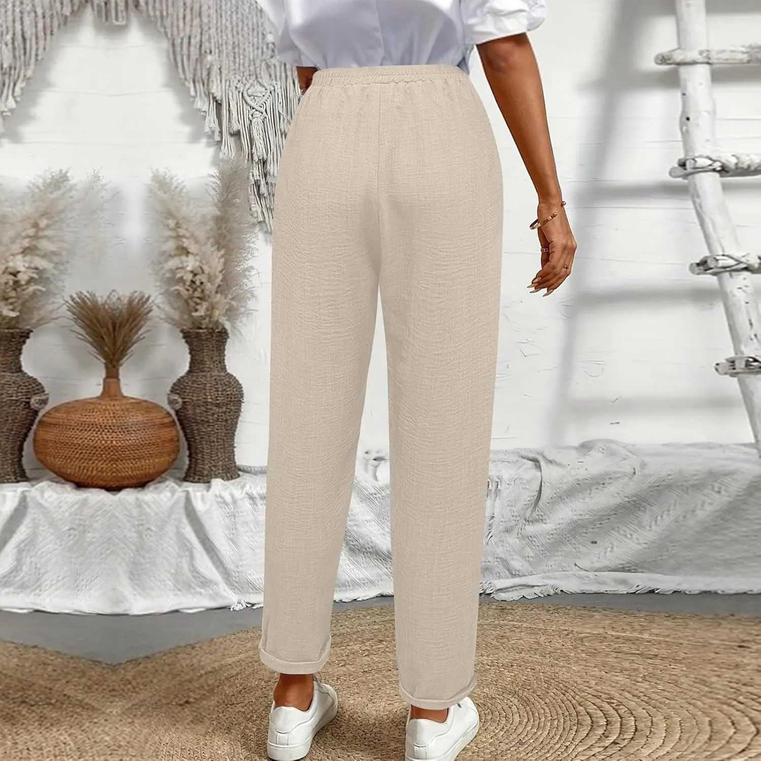 Womens Linen Pants with Pockets Petite Length Drawstring Elastic Waisted Casual Summer Pants 2025