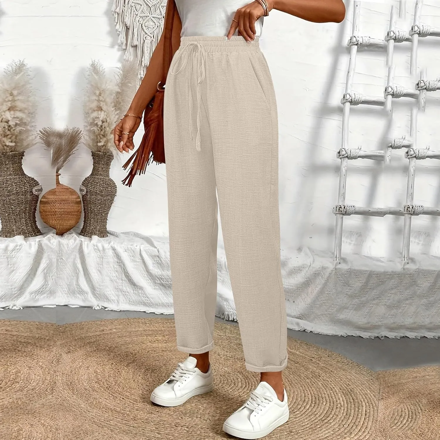 Womens Linen Pants with Pockets Petite Length Drawstring Elastic Waisted Casual Summer Pants 2025