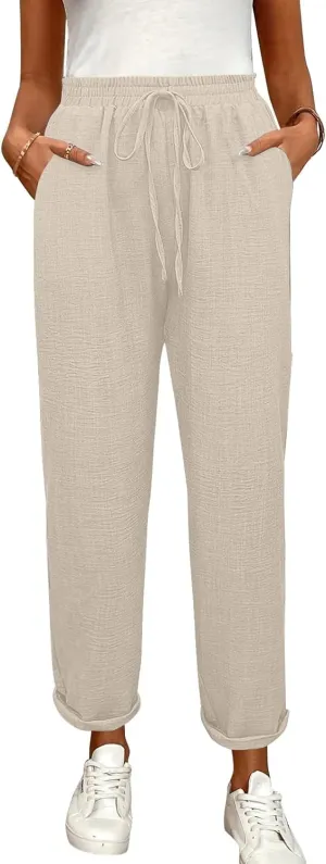 Womens Linen Pants with Pockets Petite Length Drawstring Elastic Waisted Casual Summer Pants 2025