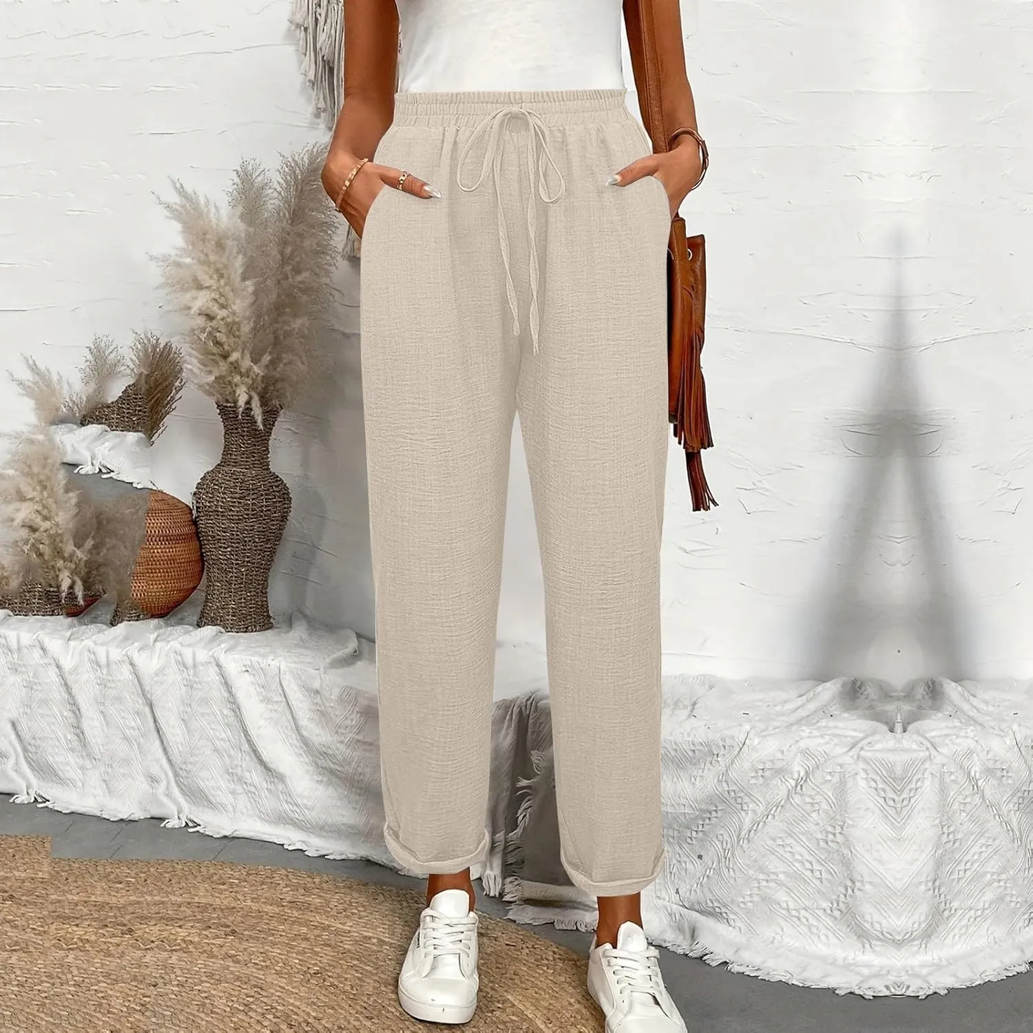 Womens Linen Pants with Pockets Petite Length Drawstring Elastic Waisted Casual Summer Pants 2025