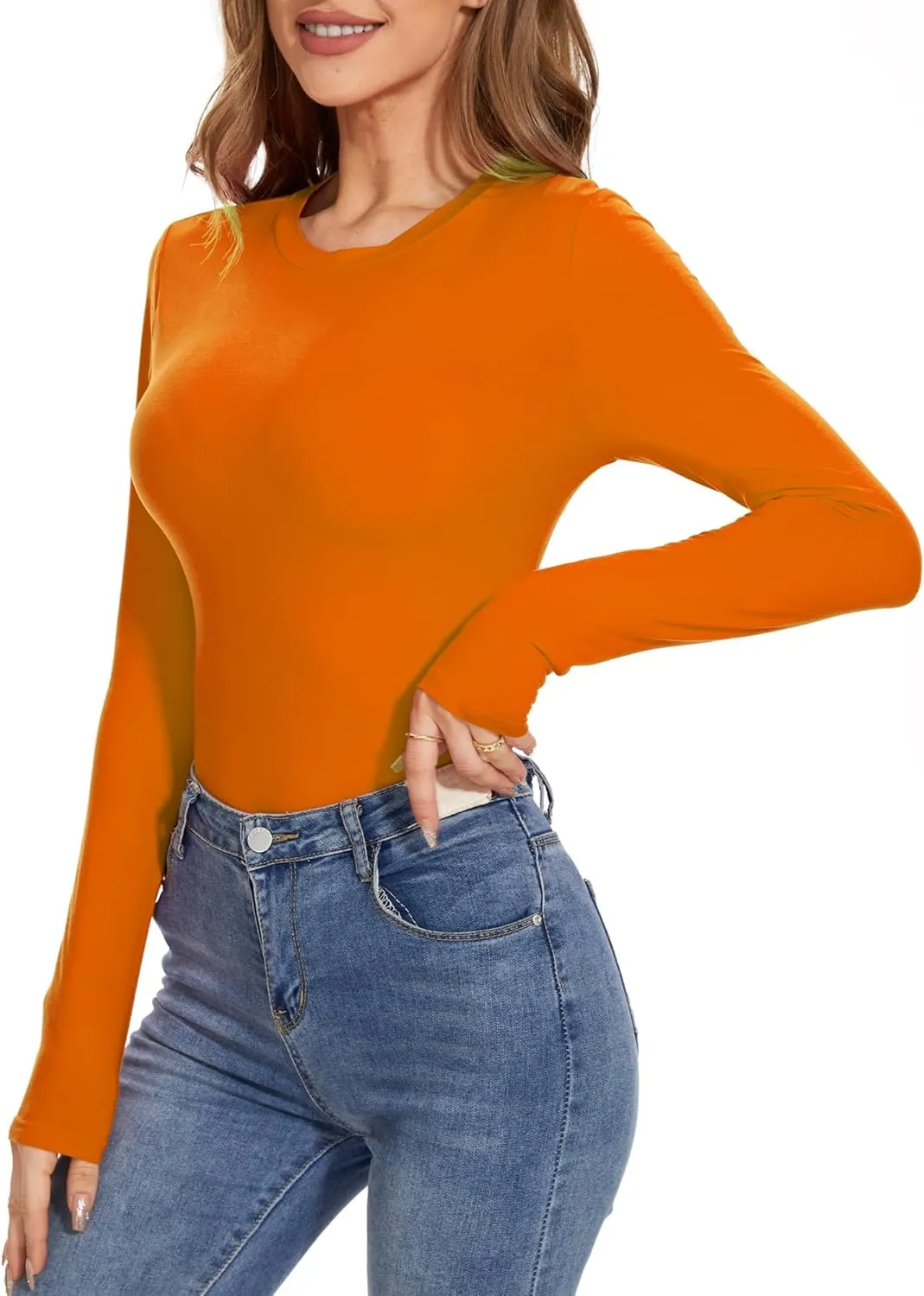 Womens Long Sleeve Crewneck Slim fit T Shirts Sexy Cute Dressy Casual Fall Basic Tops Tee Tshirt Blouse