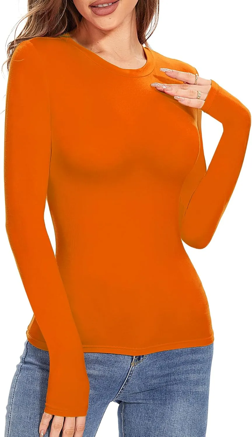 Womens Long Sleeve Crewneck Slim fit T Shirts Sexy Cute Dressy Casual Fall Basic Tops Tee Tshirt Blouse