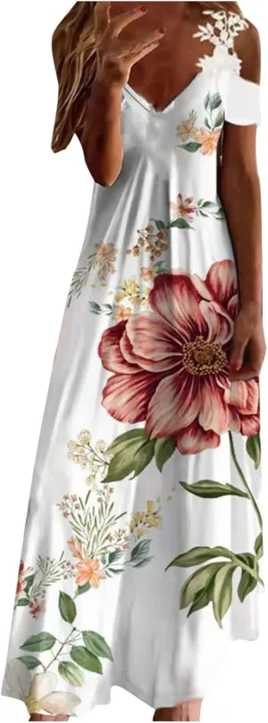 Womens Maxi Dress Lace Strap Sexy Sundresses V Neck Floral Dresses Cold Shoulder Short Sleeve Vacation Cami Dress