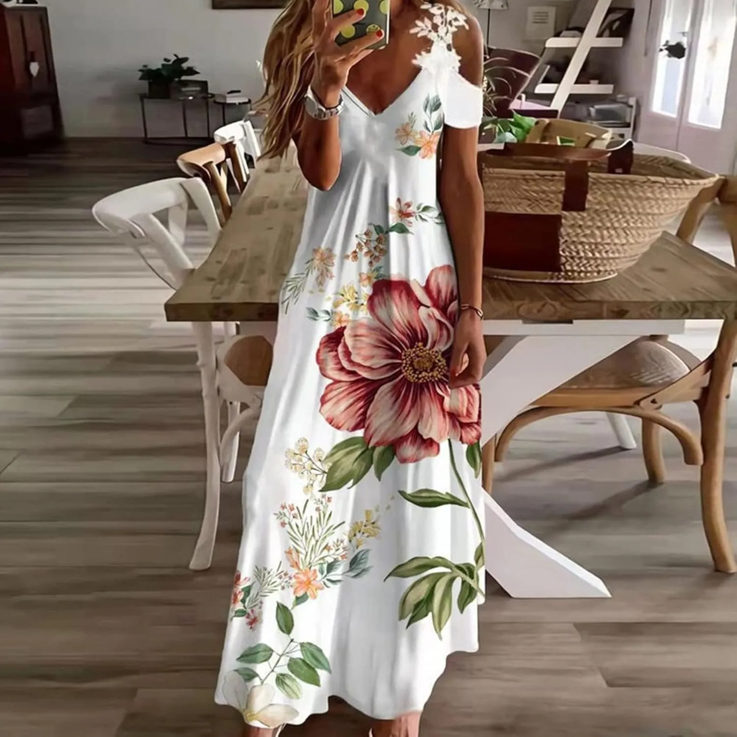 Womens Maxi Dress Lace Strap Sexy Sundresses V Neck Floral Dresses Cold Shoulder Short Sleeve Vacation Cami Dress