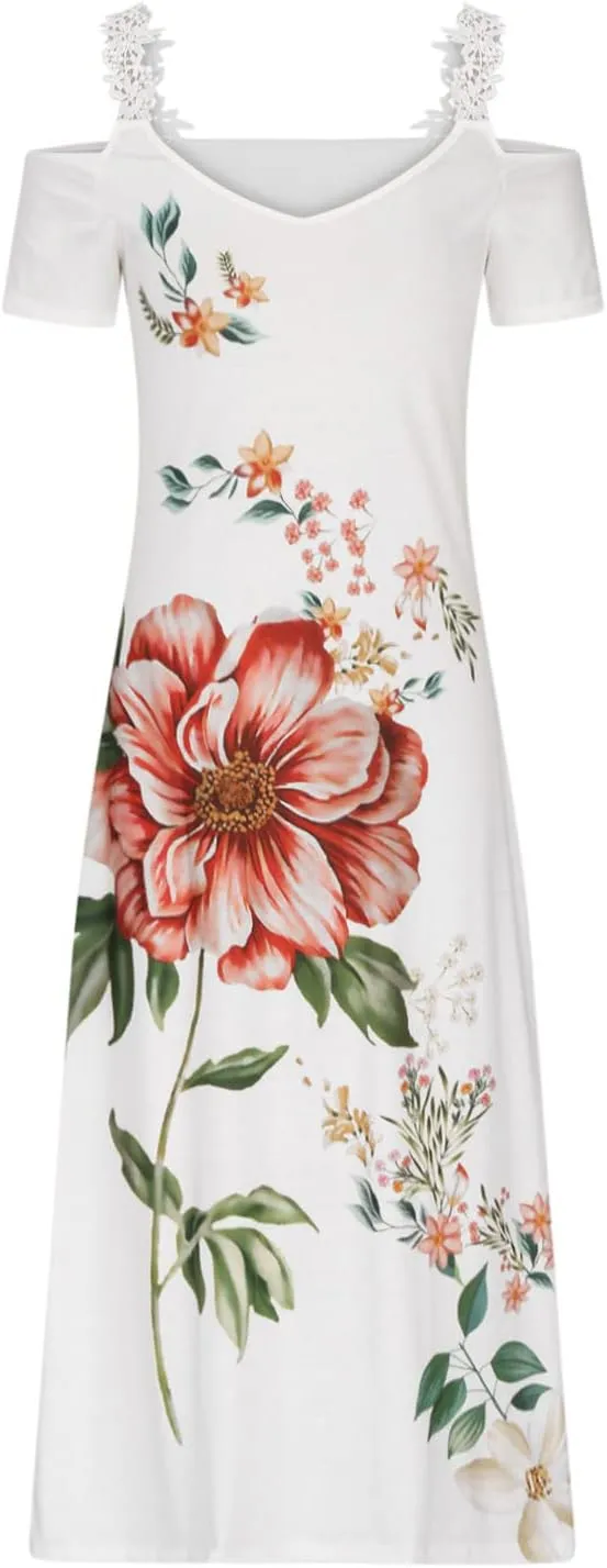 Womens Maxi Dress Lace Strap Sexy Sundresses V Neck Floral Dresses Cold Shoulder Short Sleeve Vacation Cami Dress