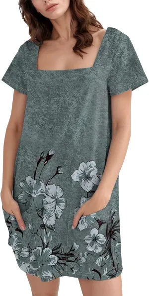 Women's Midi Dresses Summer Casual Trendy Dress Square Neck Short Sleeve Floral Print Solid Dresses, S-2XL