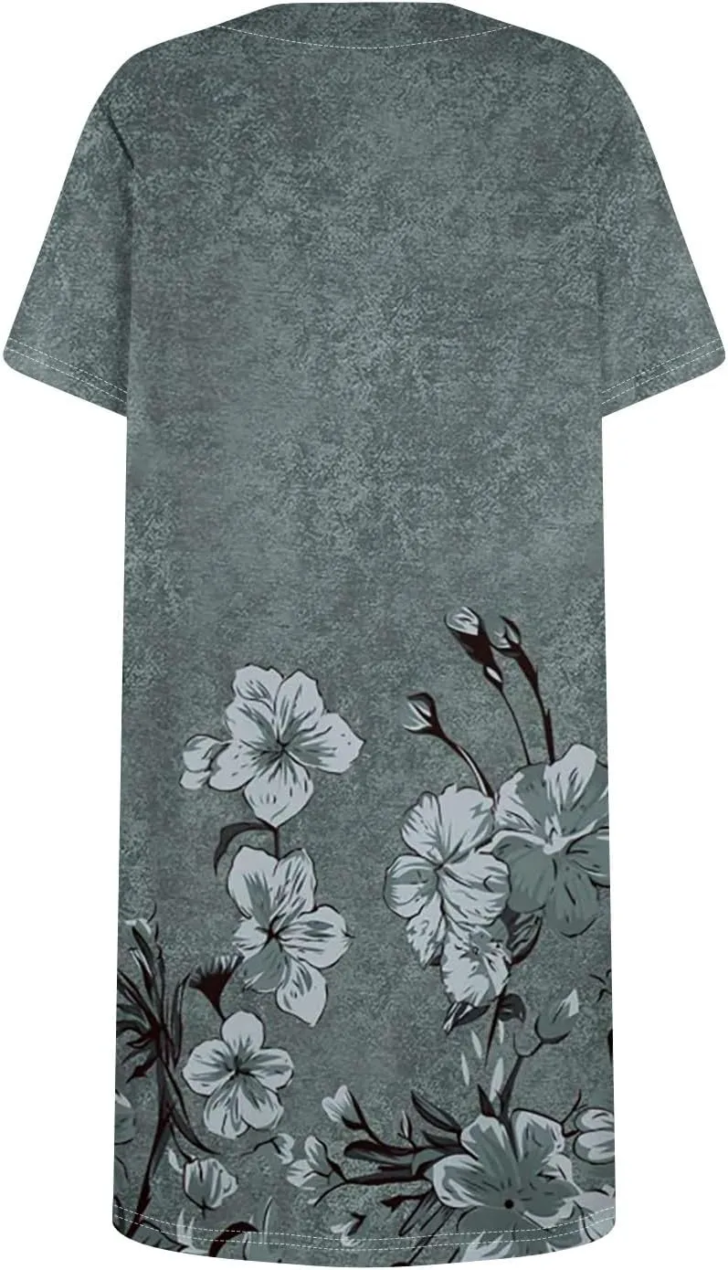 Women's Midi Dresses Summer Casual Trendy Dress Square Neck Short Sleeve Floral Print Solid Dresses, S-2XL