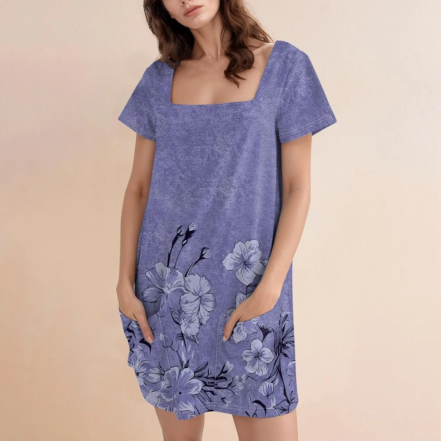 Women's Midi Dresses Summer Casual Trendy Dress Square Neck Short Sleeve Floral Print Solid Dresses, S-2XL