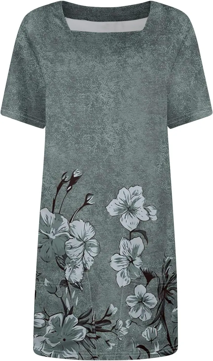 Women's Midi Dresses Summer Casual Trendy Dress Square Neck Short Sleeve Floral Print Solid Dresses, S-2XL