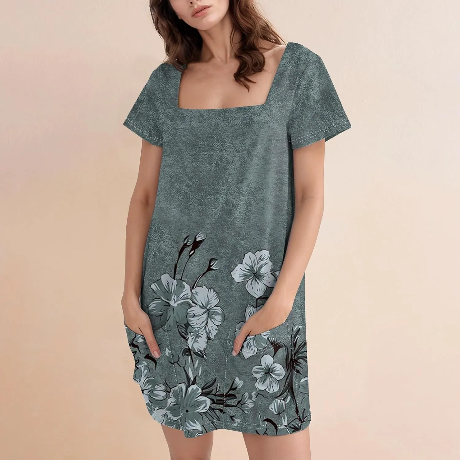 Women's Midi Dresses Summer Casual Trendy Dress Square Neck Short Sleeve Floral Print Solid Dresses, S-2XL