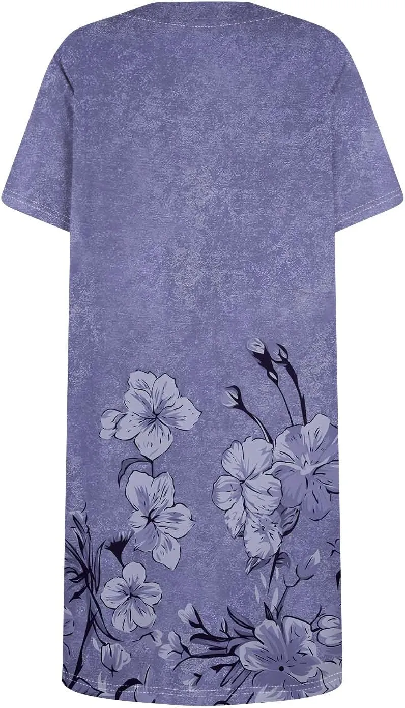Women's Midi Dresses Summer Casual Trendy Dress Square Neck Short Sleeve Floral Print Solid Dresses, S-2XL